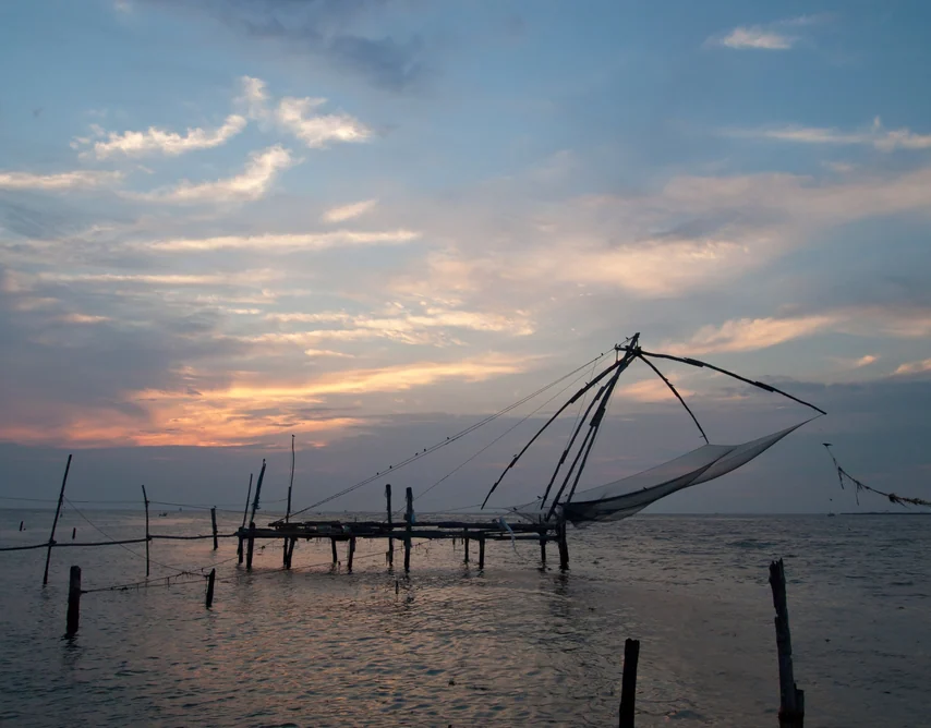 Chinese fishing nets at sunset in Kochi
