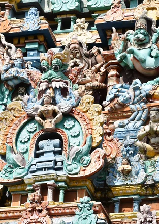 Carved gopuram of the Meenakshi Temple in Madurai